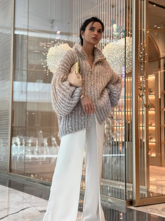 Glam Zipper Knit Cardigan with Ribbed Trim