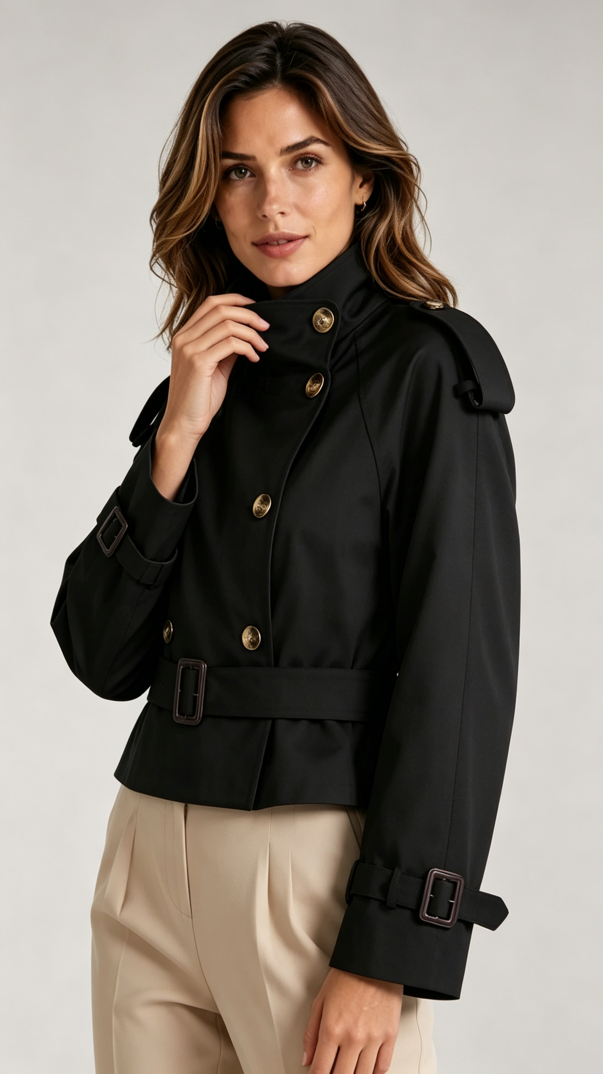 Women's Casual Cropped Stand-Collar Trench Coat