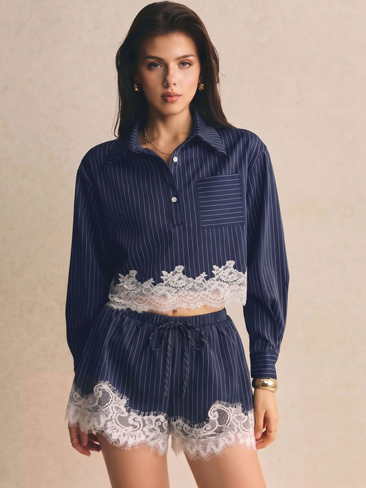Elegant Pinstripe Lace Trim Shorts Set