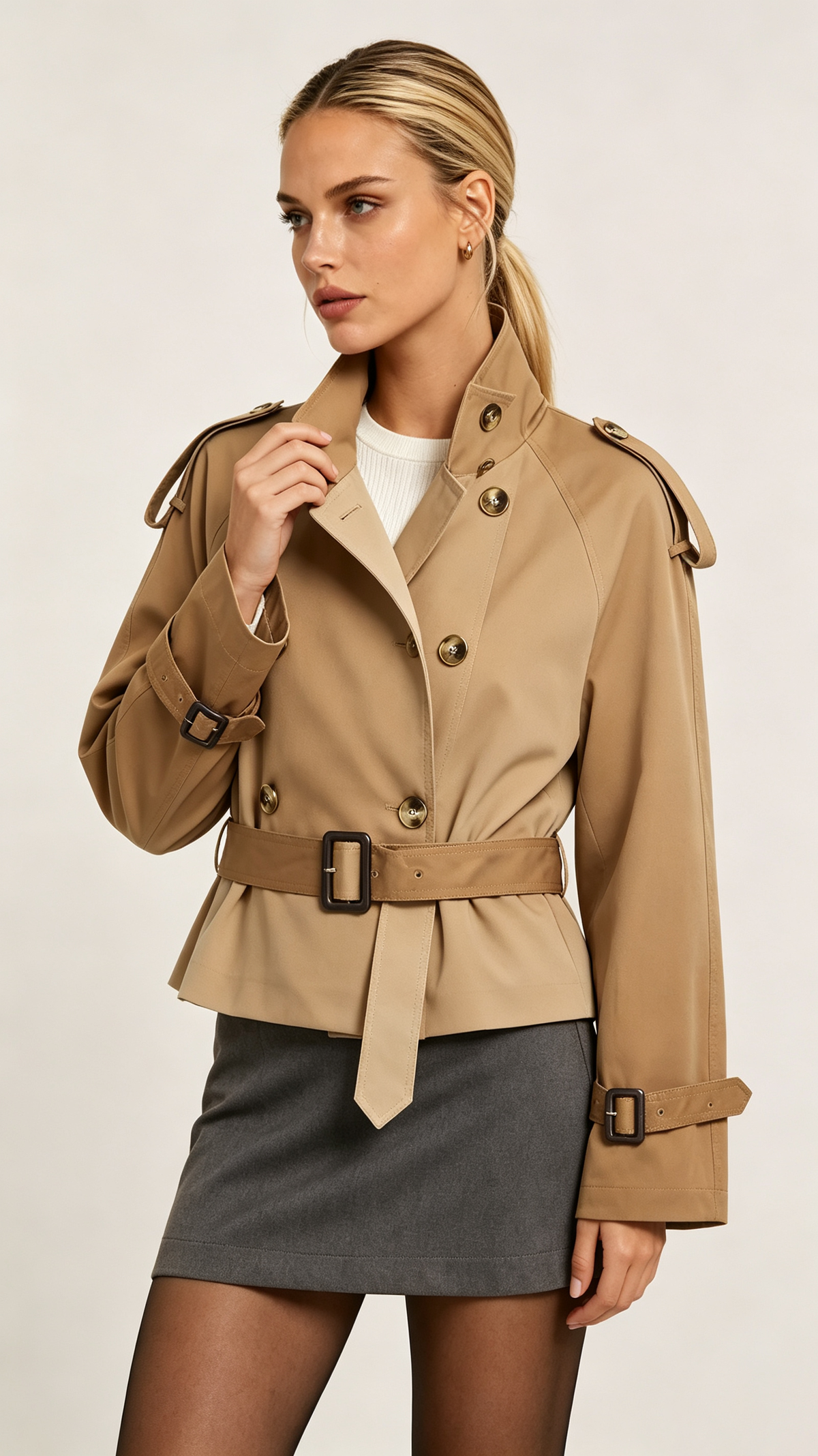 Women's Casual Cropped Stand-Collar Trench Coat