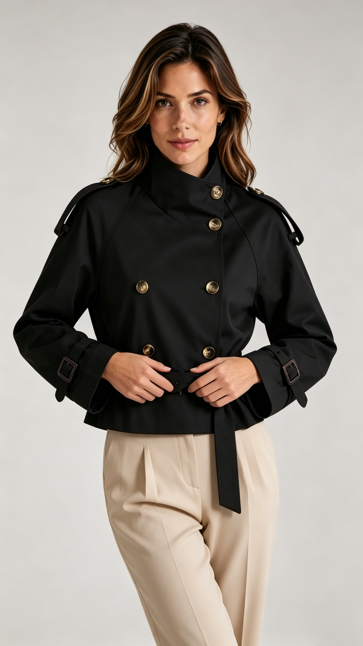 Women's Casual Cropped Stand-Collar Trench Coat