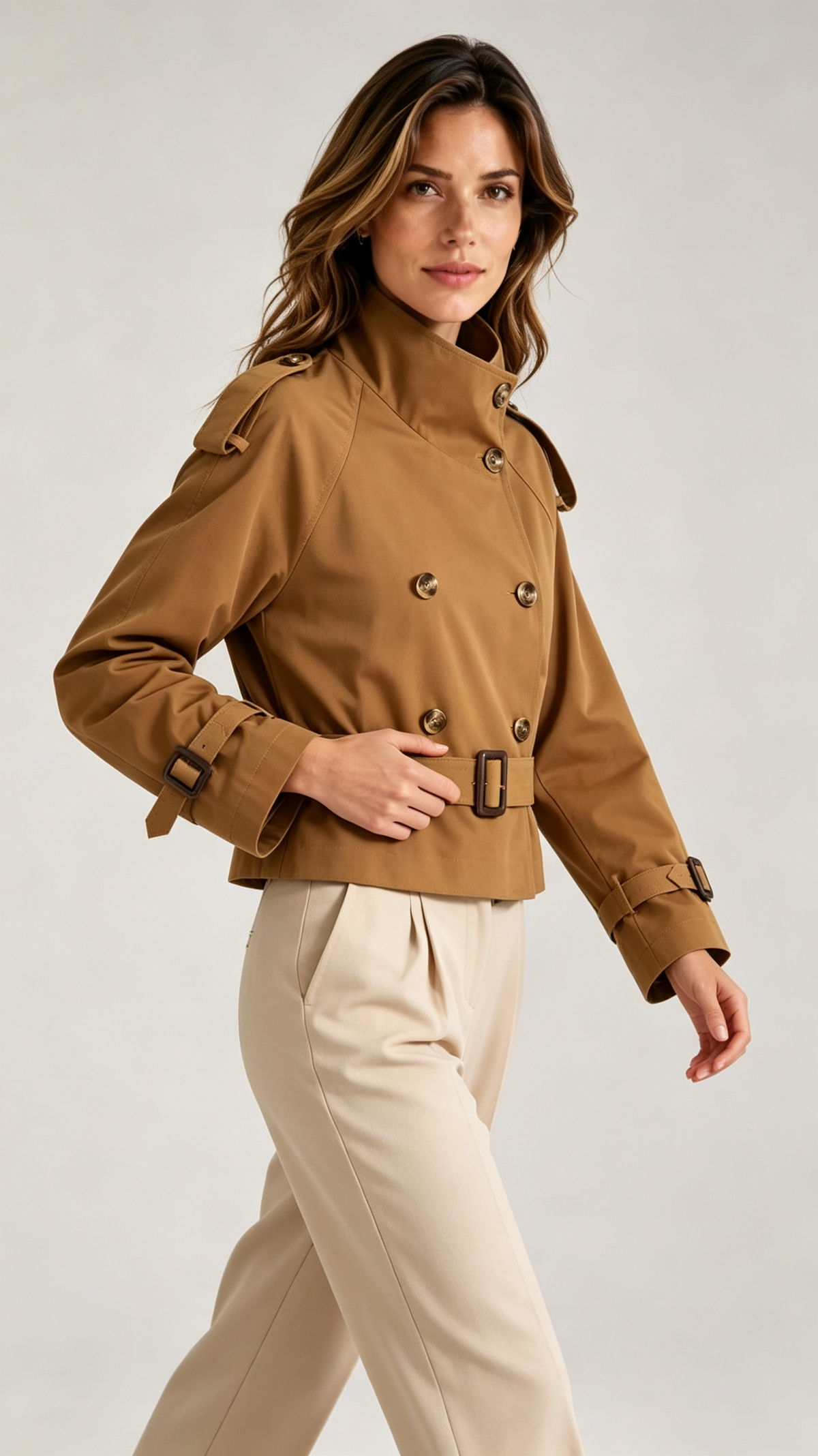 Women's Casual Cropped Stand-Collar Trench Coat