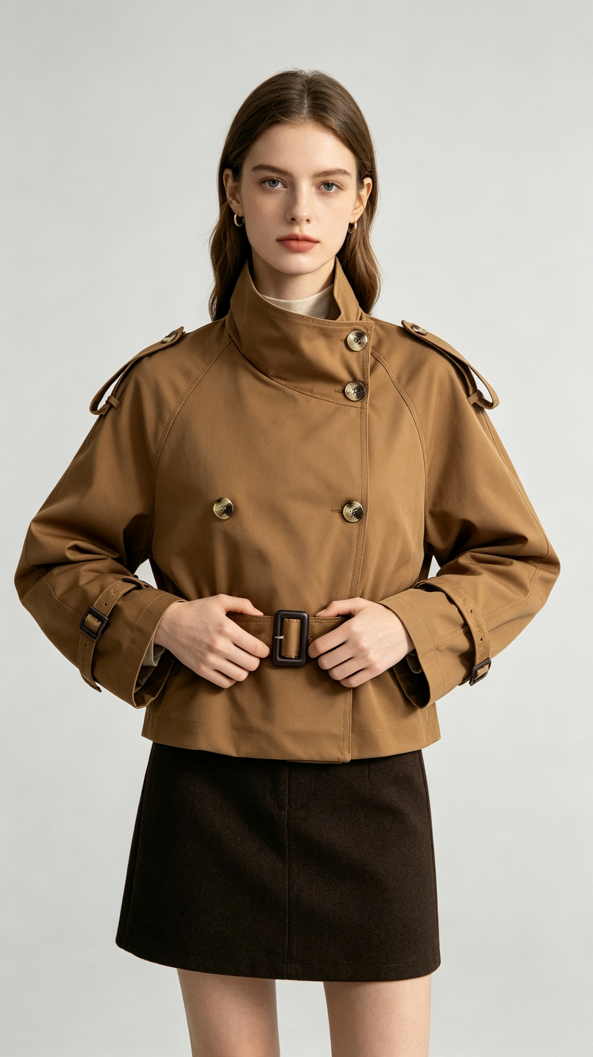 Women's Casual Cropped Stand-Collar Trench Coat