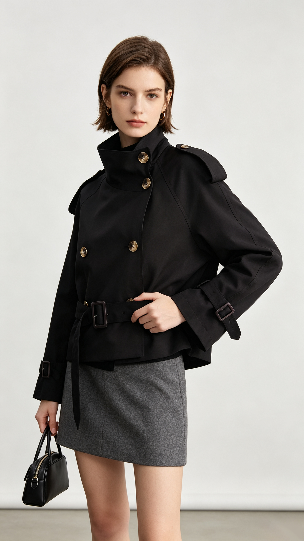 Women's Casual Cropped Stand-Collar Trench Coat