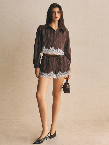 Elegant Pinstripe Lace Trim Shorts Set