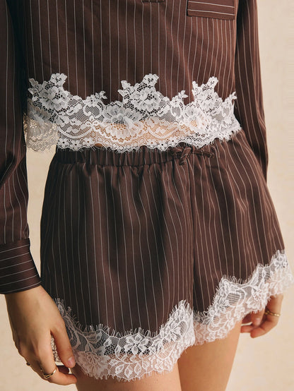 Elegant Pinstripe Lace Trim Shorts Set