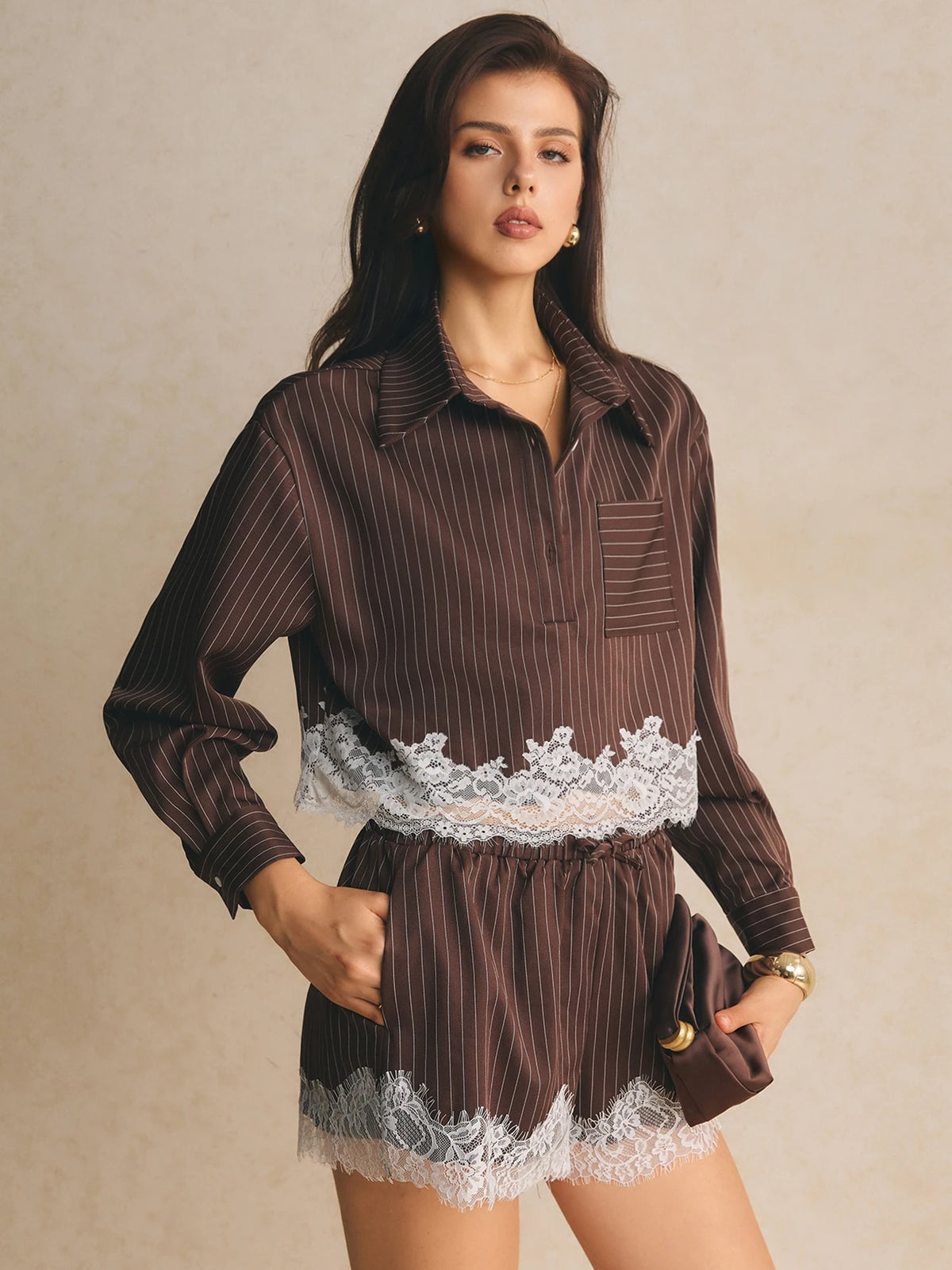 Elegant Pinstripe Lace Trim Shorts Set