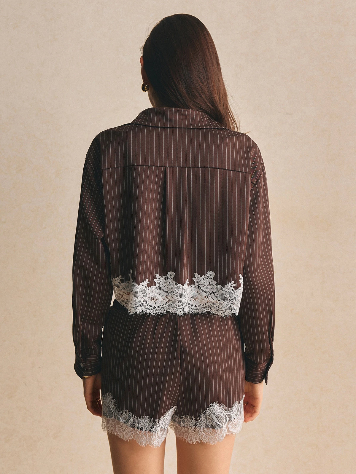 Elegant Pinstripe Lace Trim Shorts Set