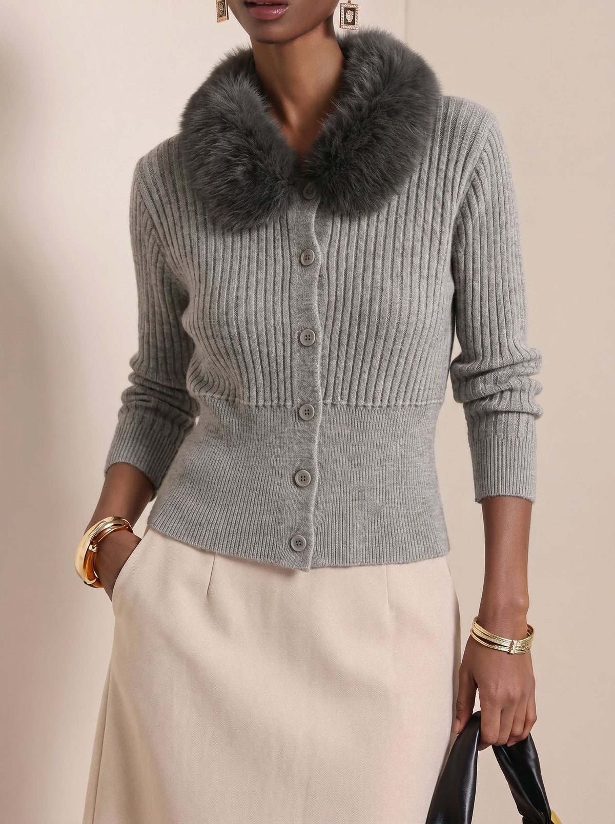 Faux Fur Collar Ribbed Knit Cardigan
