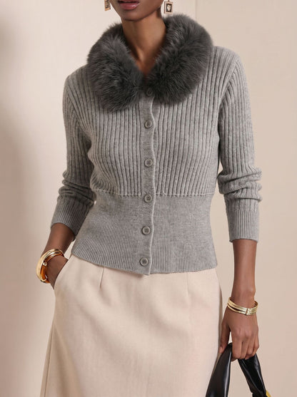 Faux Fur Collar Ribbed Knit Cardigan