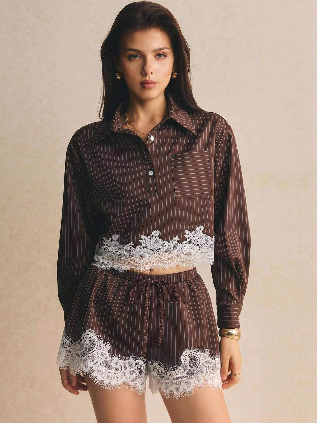 Elegant Pinstripe Lace Trim Shorts Set
