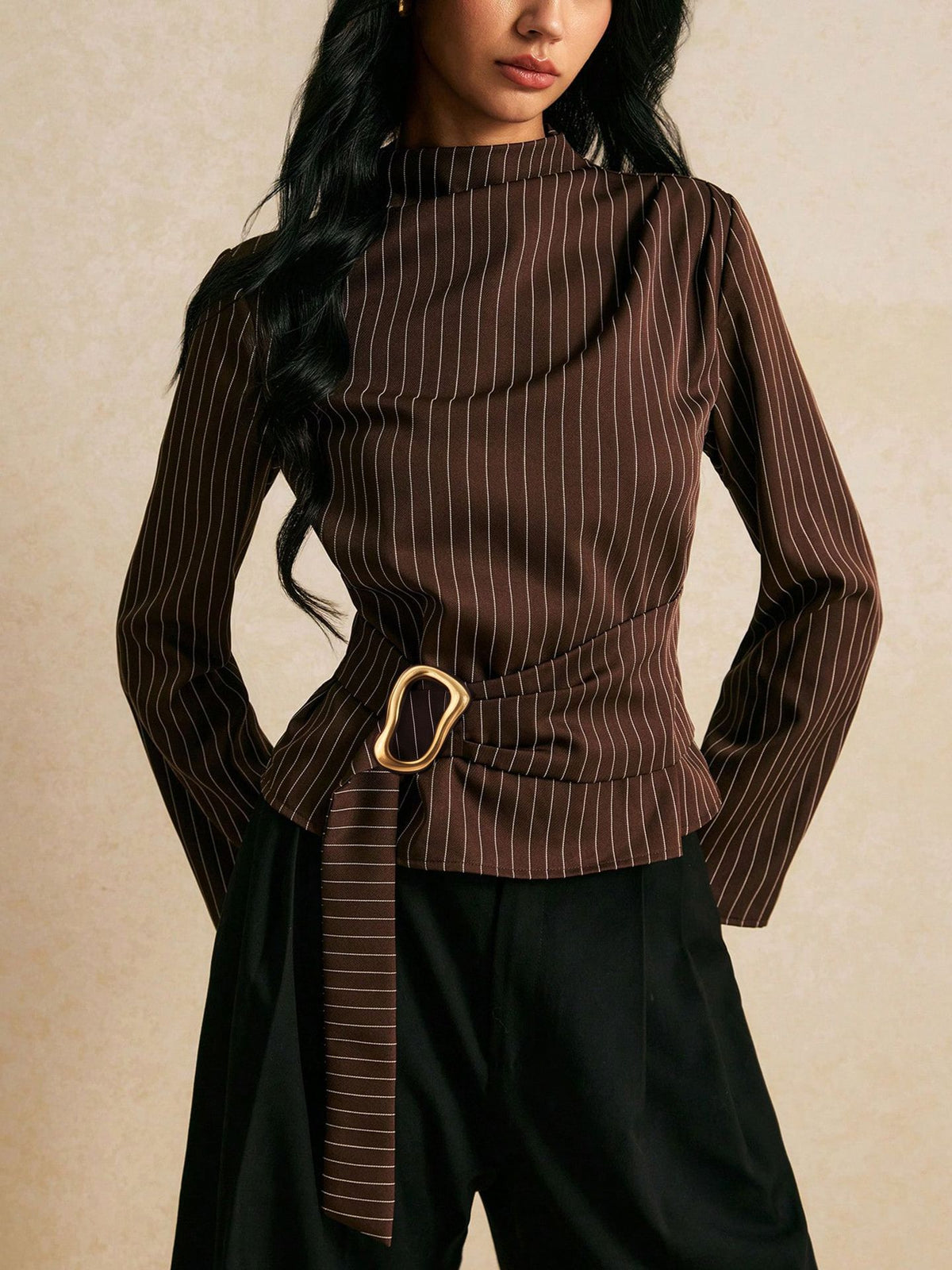 Elegant Vintage Pinstripe Mock Neck Top