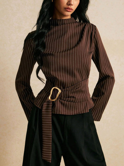 Elegant Vintage Pinstripe Mock Neck Top