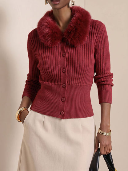 Faux Fur Collar Ribbed Knit Cardigan