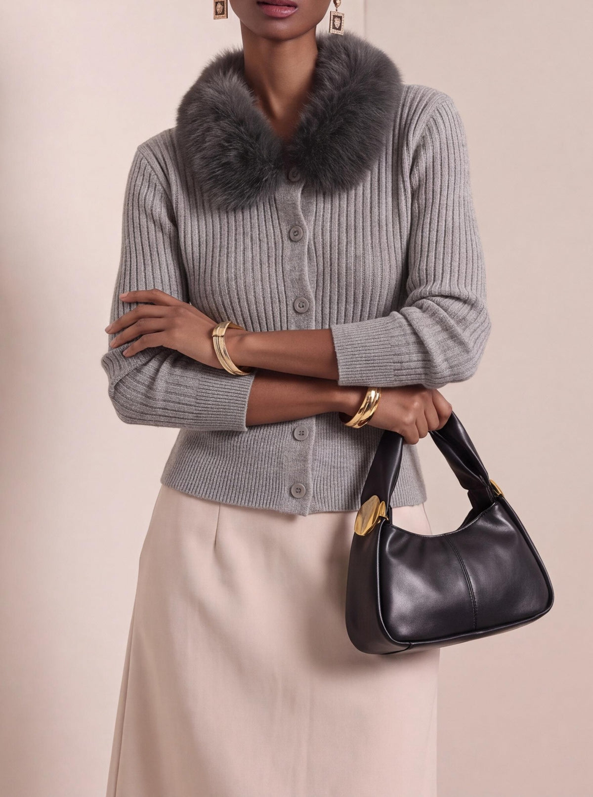 Faux Fur Collar Ribbed Knit Cardigan
