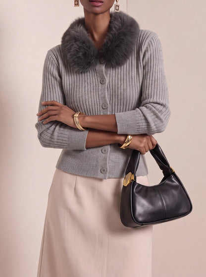 Faux Fur Collar Ribbed Knit Cardigan