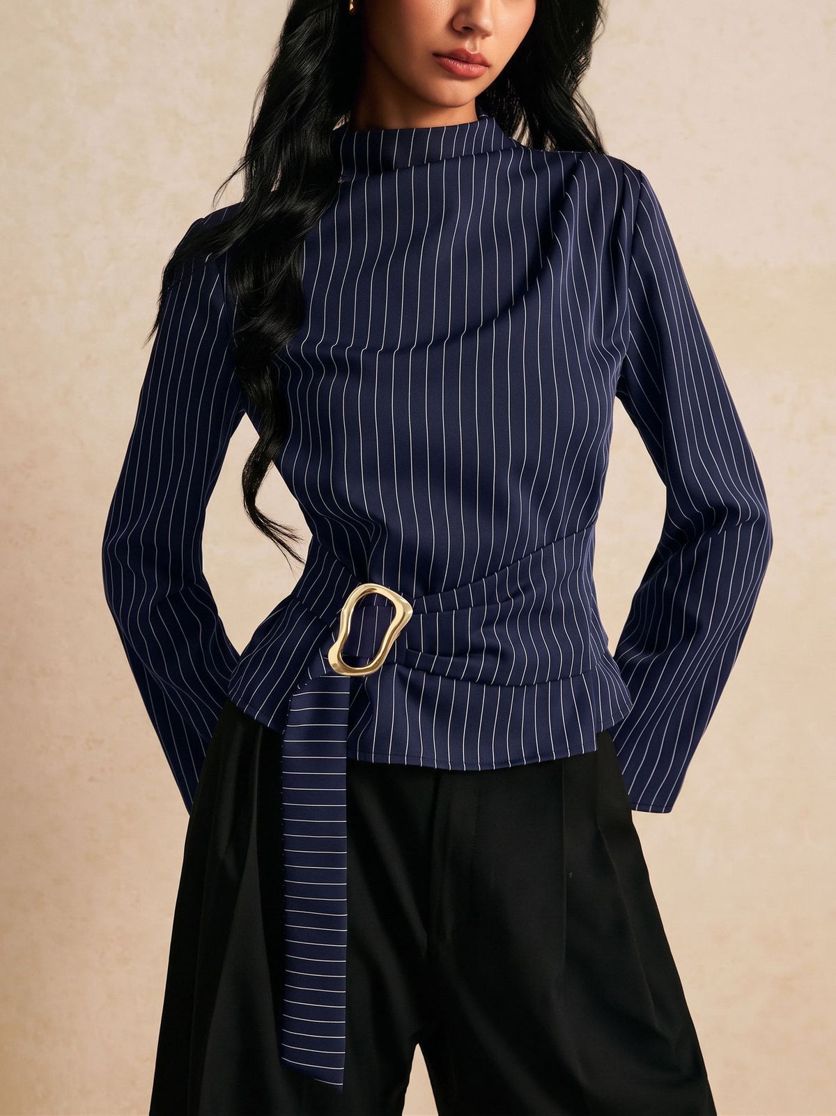 Elegant Vintage Pinstripe Mock Neck Top