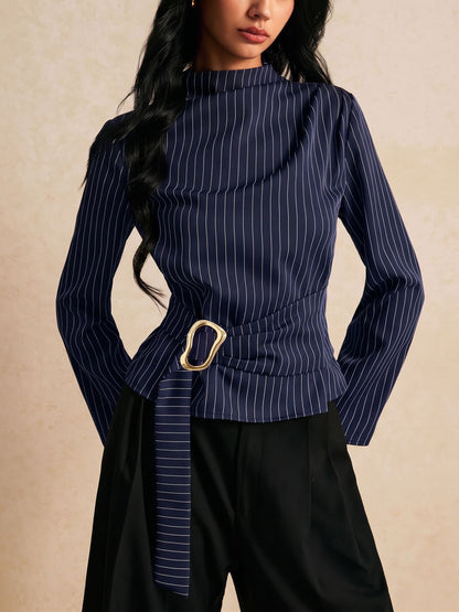 Elegant Vintage Pinstripe Mock Neck Top