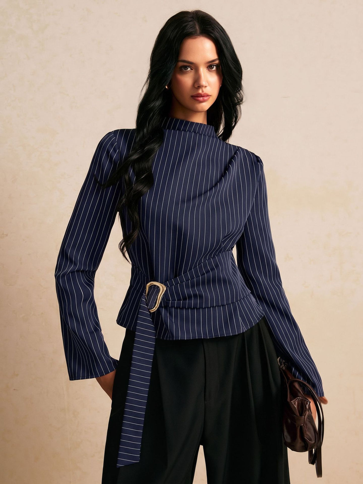 Elegant Vintage Pinstripe Mock Neck Top