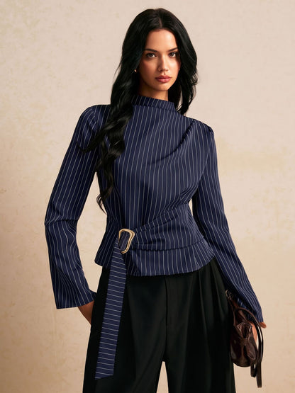 Elegant Vintage Pinstripe Mock Neck Top