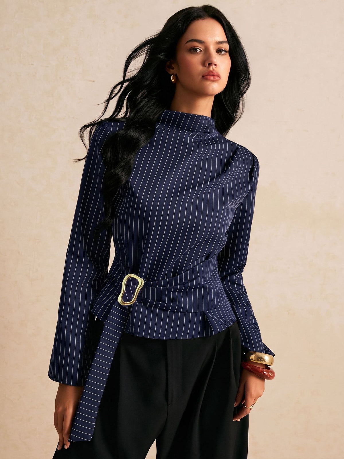 Elegant Vintage Pinstripe Mock Neck Top