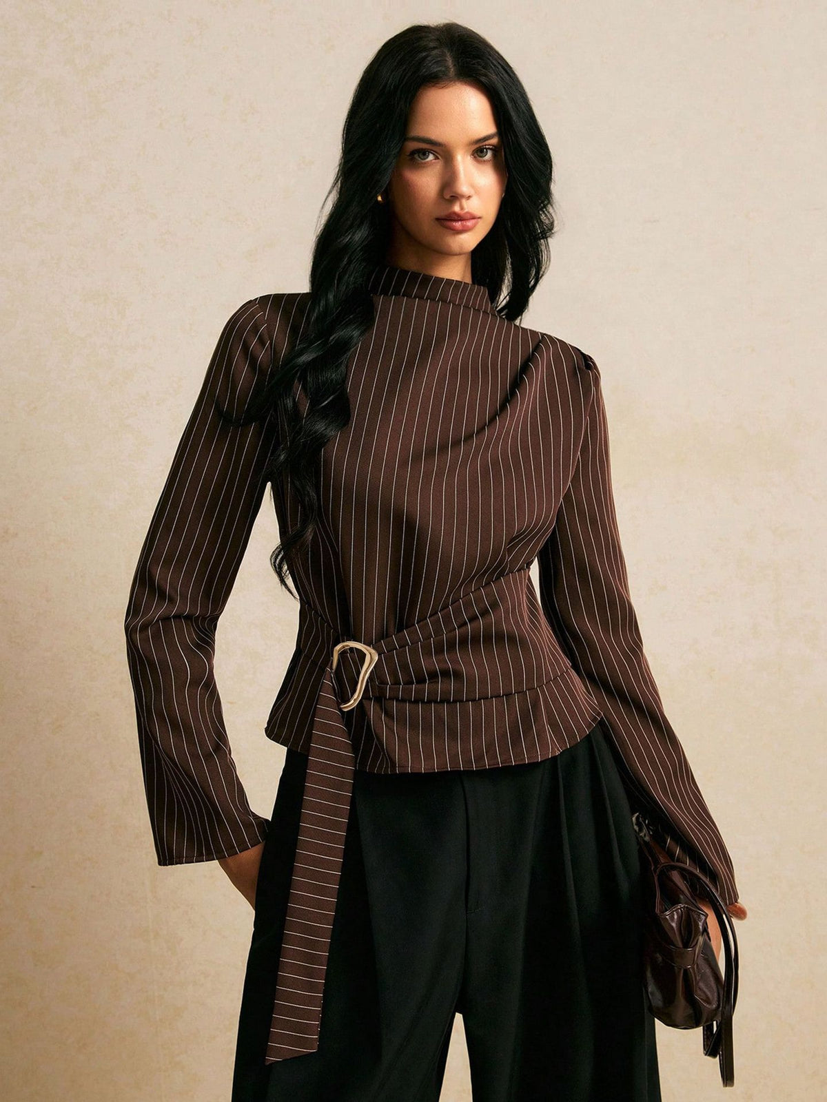 Elegant Vintage Pinstripe Mock Neck Top