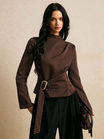 Elegant Vintage Pinstripe Mock Neck Top