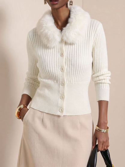 Faux Fur Collar Ribbed Knit Cardigan