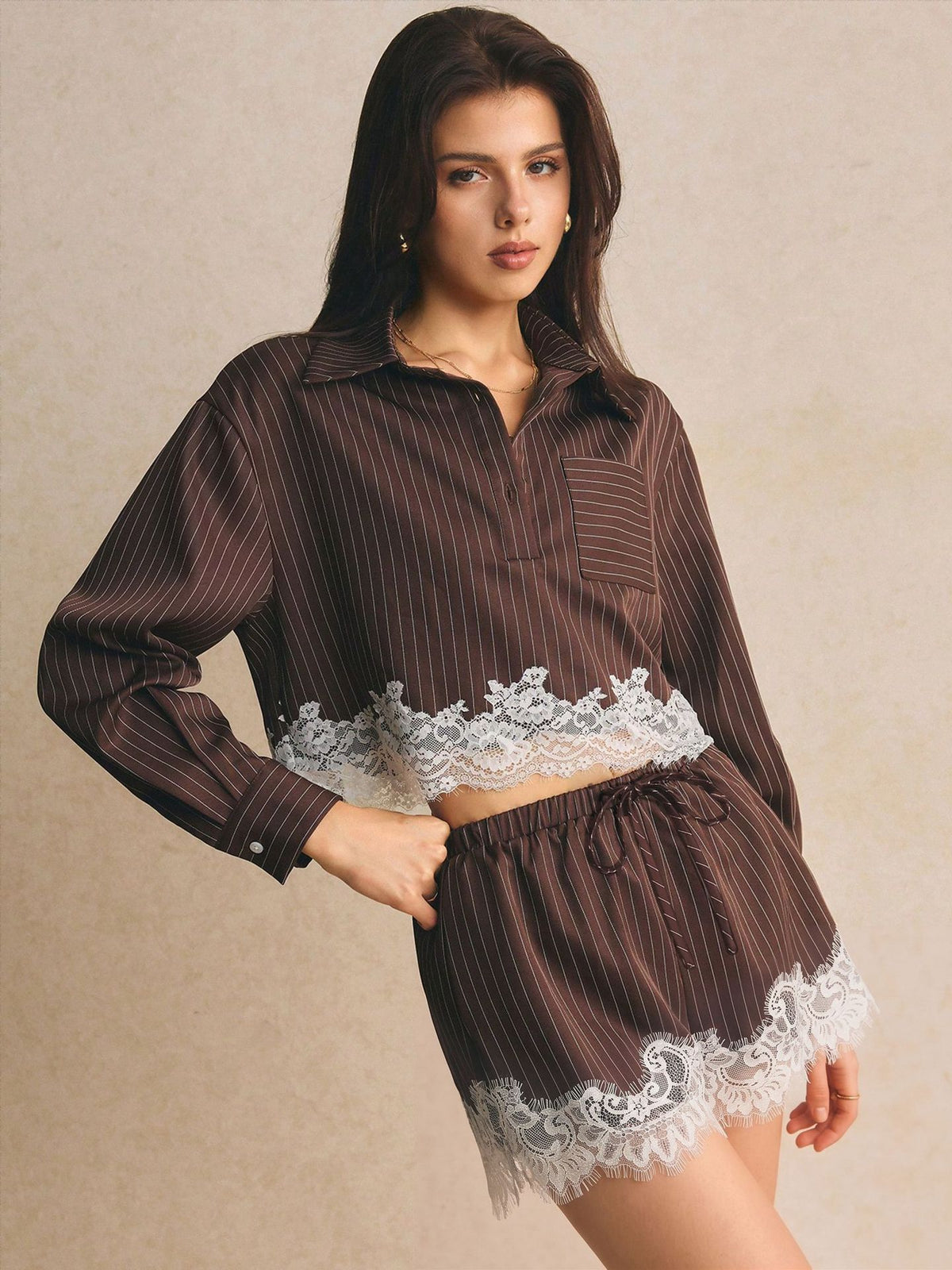 Elegant Pinstripe Lace Trim Shorts Set