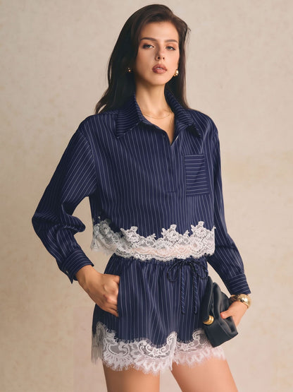 Elegant Pinstripe Lace Trim Shorts Set