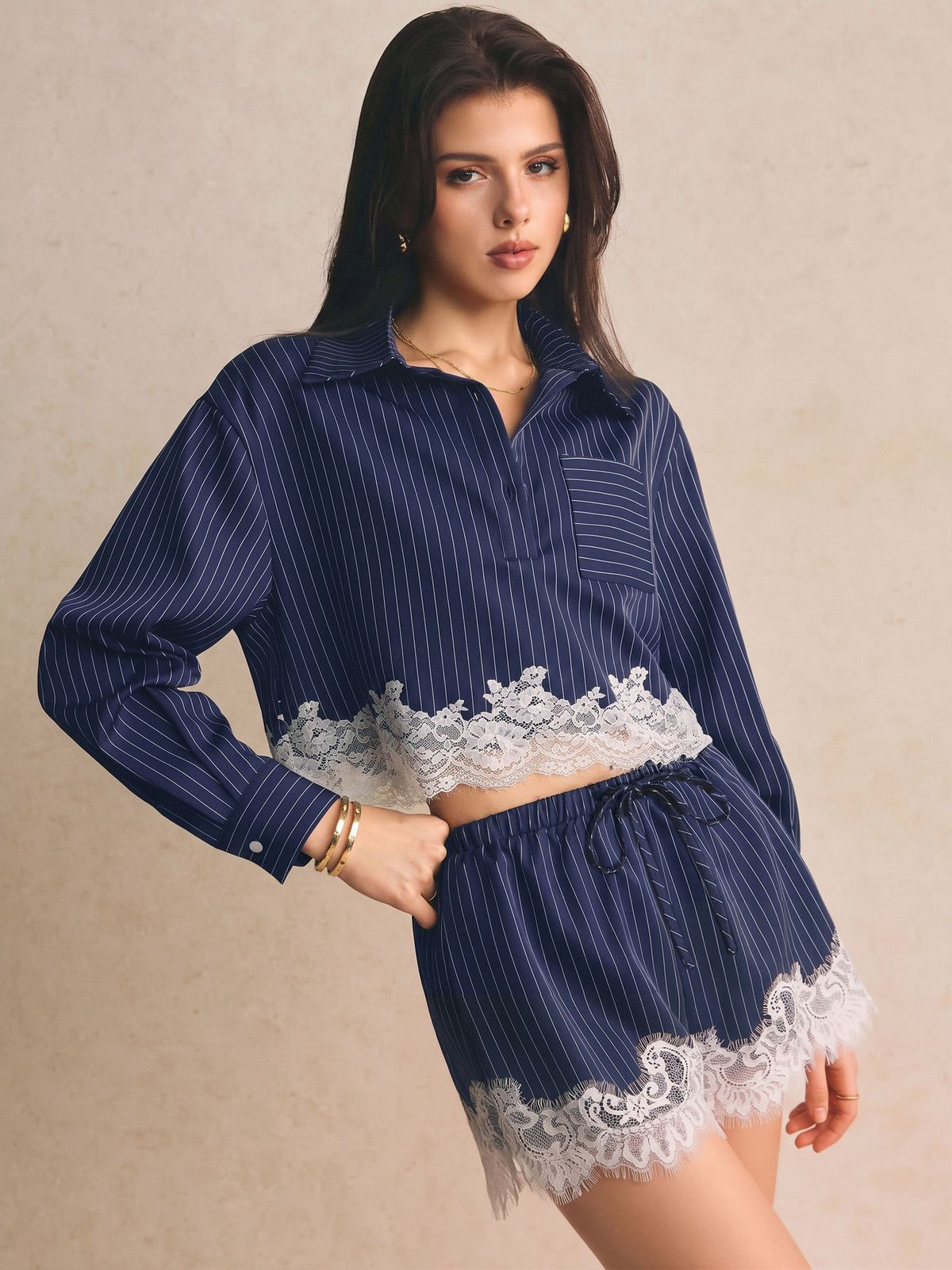 Elegant Pinstripe Lace Trim Shorts Set