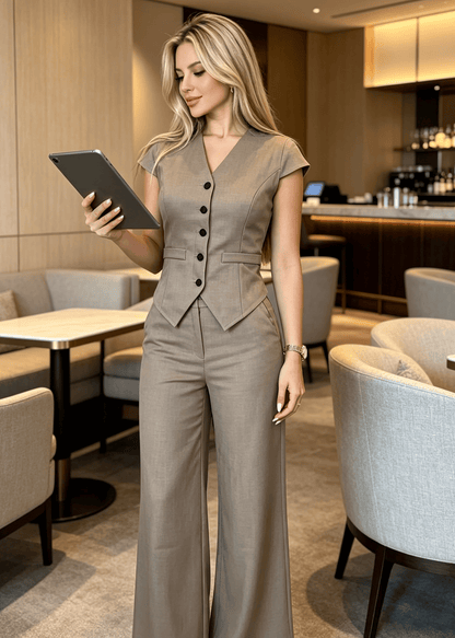 Tailored V-Neck Vest & Wide-Leg Trouser Set