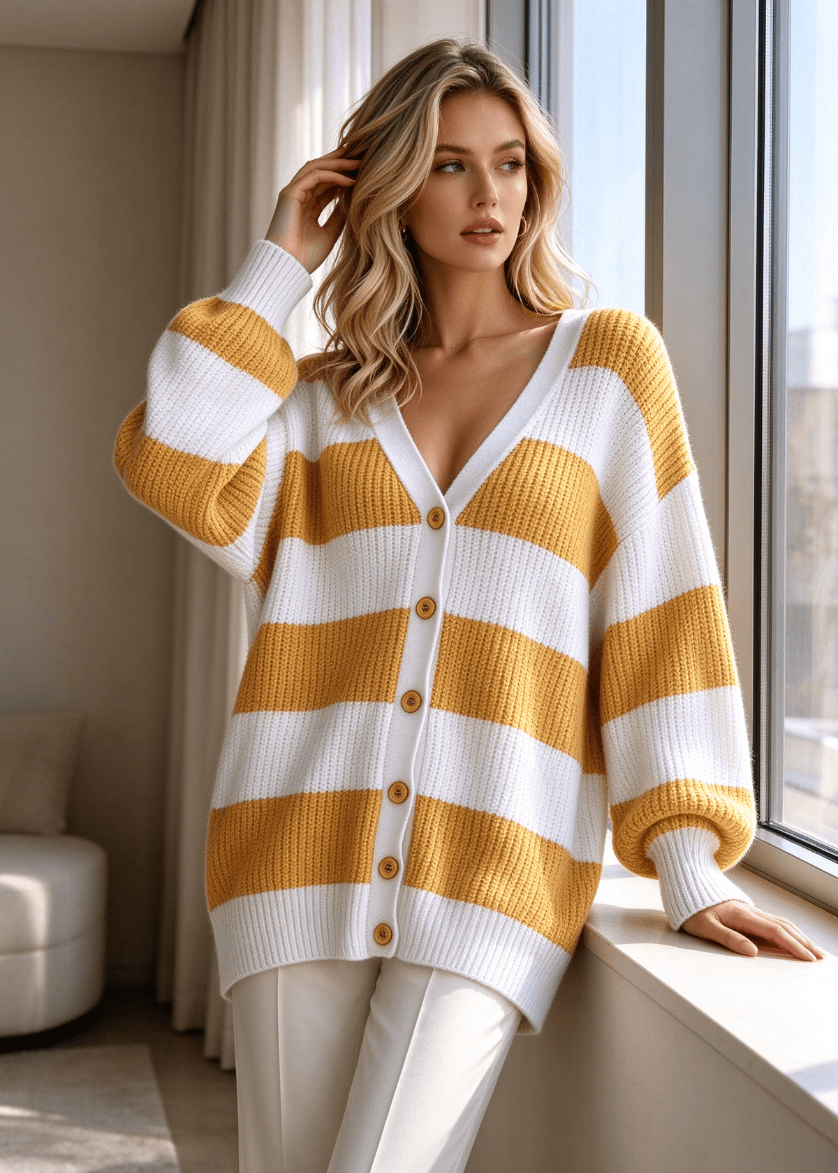 Women’s Cozy Chunky V-Neck Button-Up Sweater Coat
