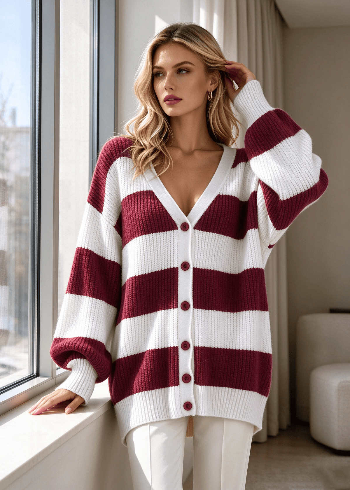 Women’s Cozy Chunky V-Neck Button-Up Sweater Coat