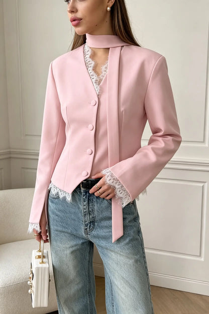 V-Neck Lace Trim Blazer with Scarf