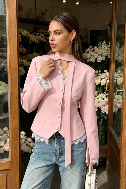 V-Neck Lace Trim Blazer with Scarf