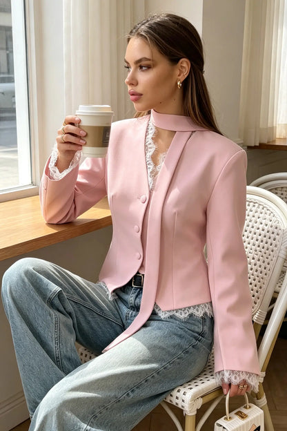 V-Neck Lace Trim Blazer with Scarf