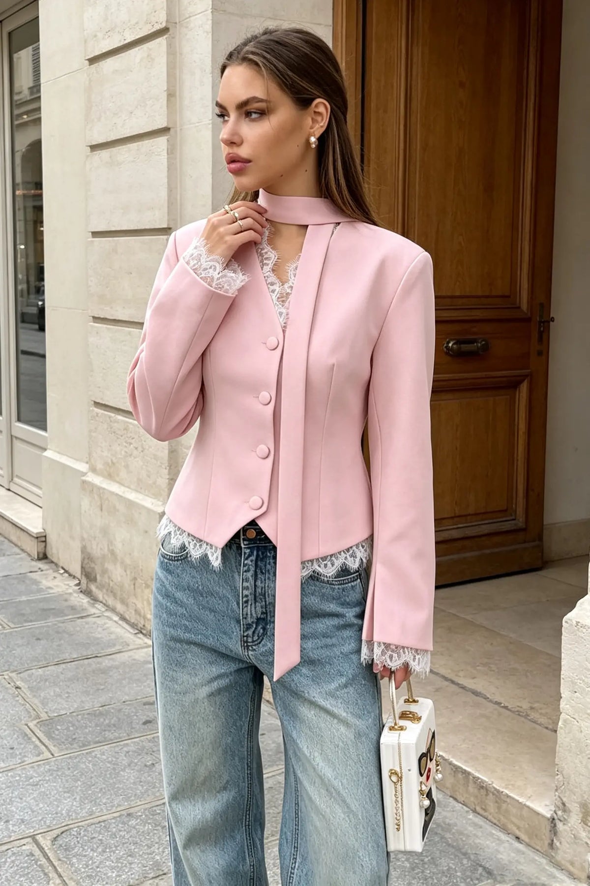V-Neck Lace Trim Blazer with Scarf