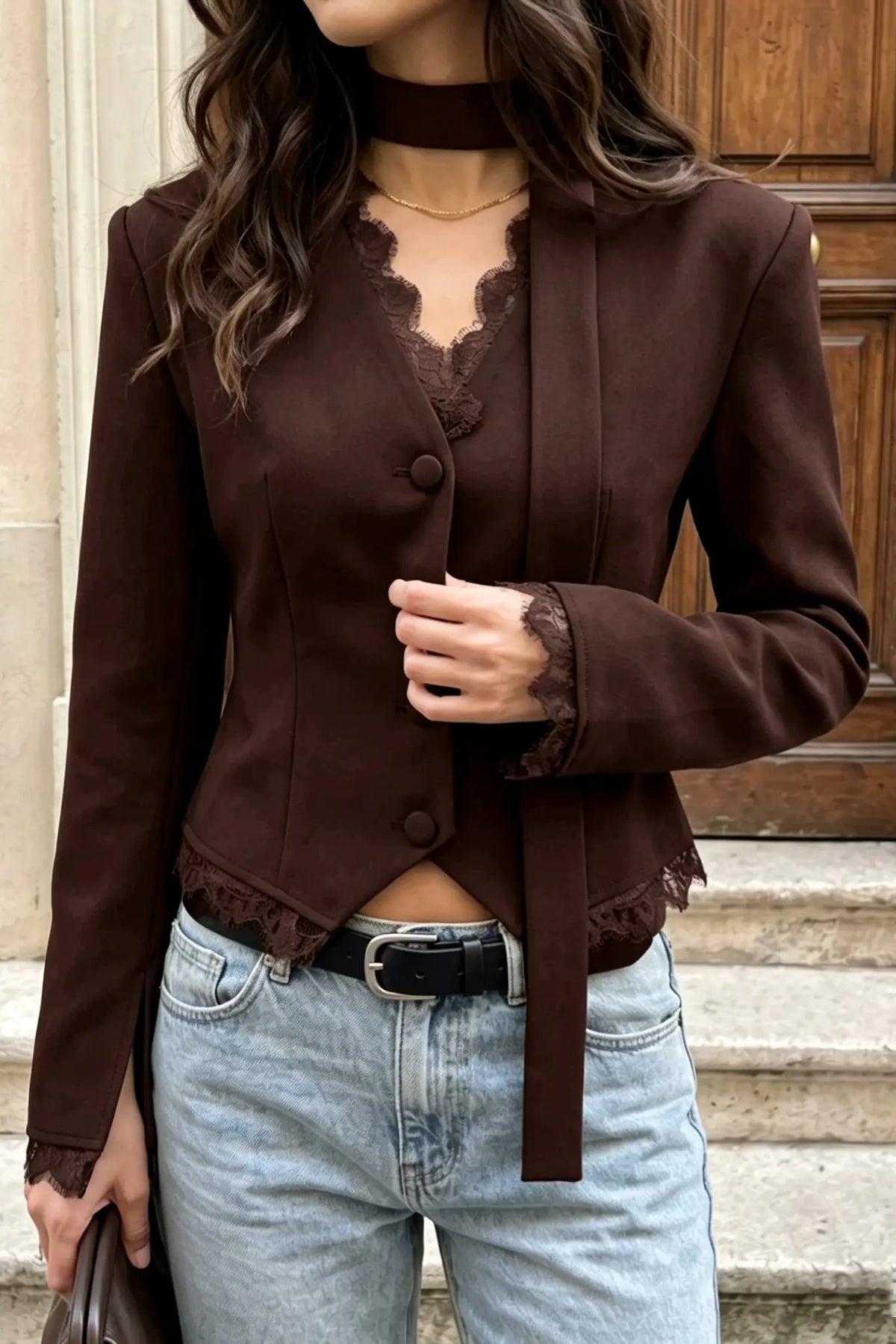 V-Neck Lace Trim Blazer with Scarf