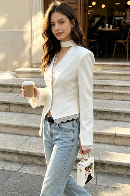 V-Neck Lace Trim Blazer with Scarf