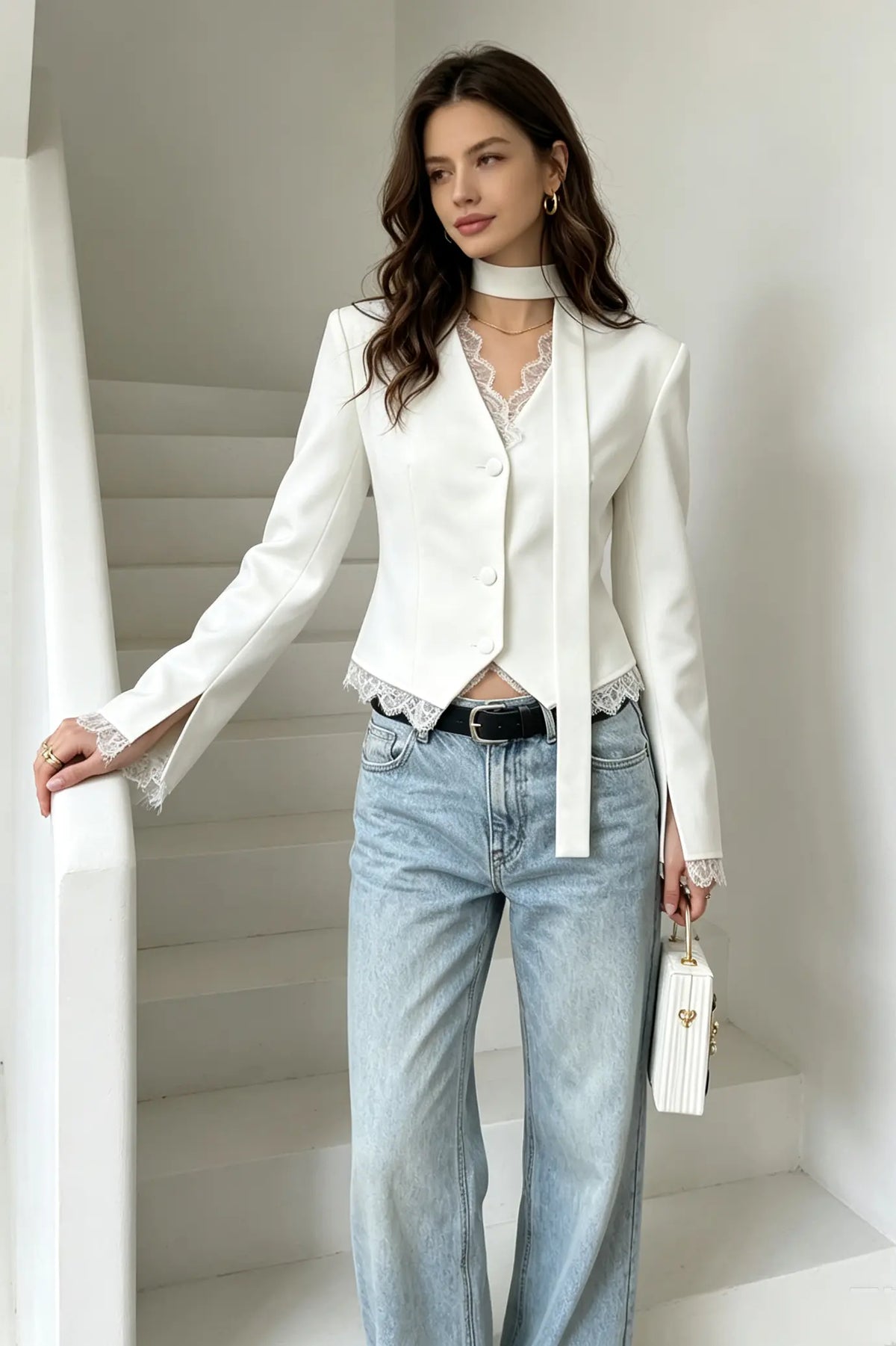 V-Neck Lace Trim Blazer with Scarf