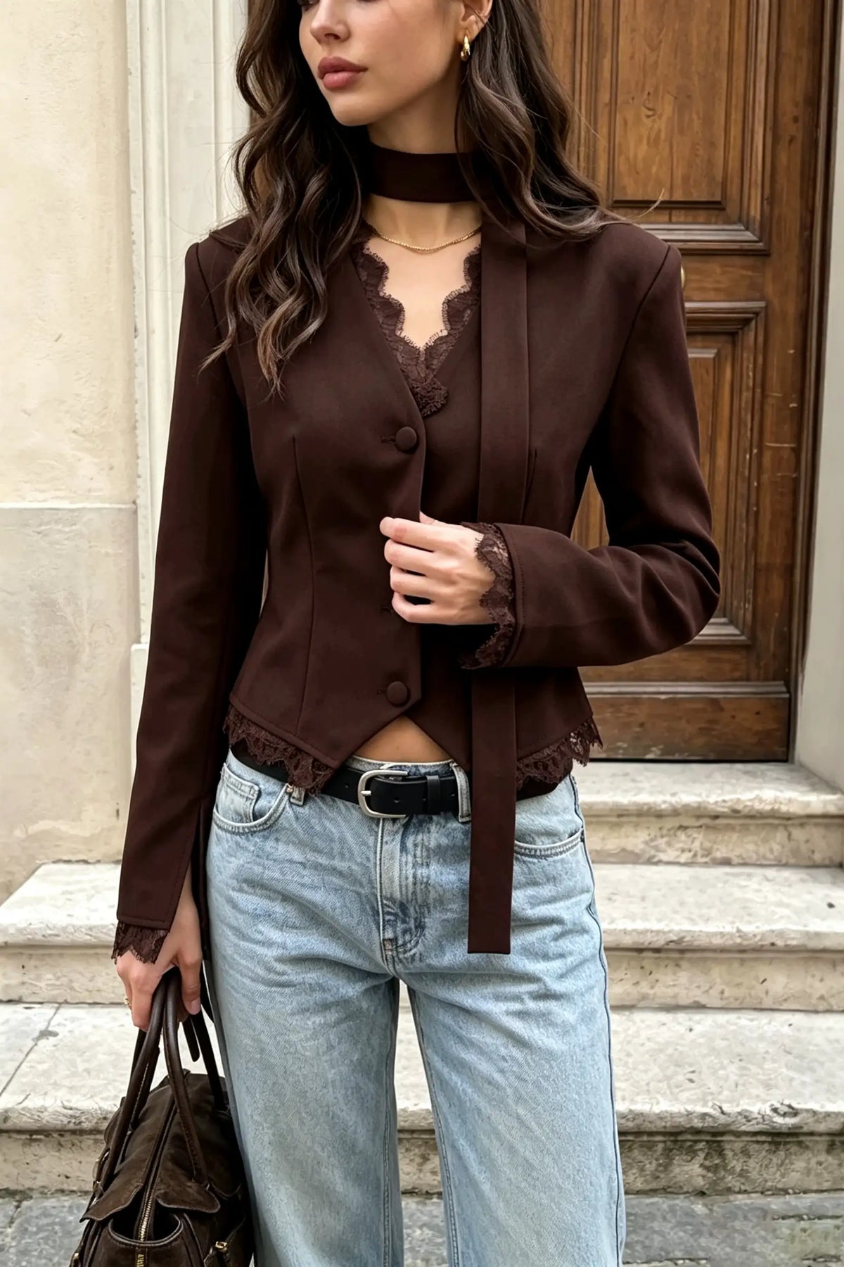 V-Neck Lace Trim Blazer with Scarf