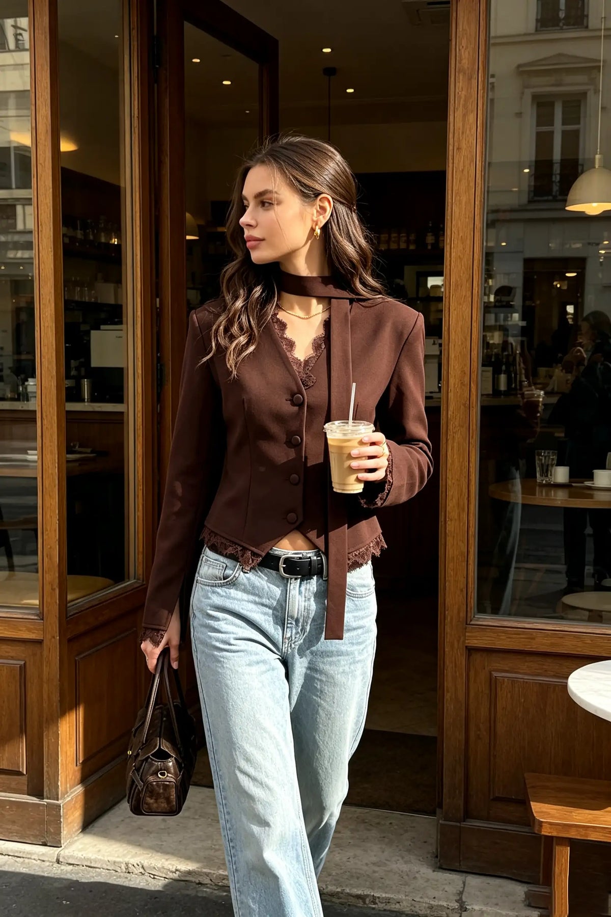V-Neck Lace Trim Blazer with Scarf