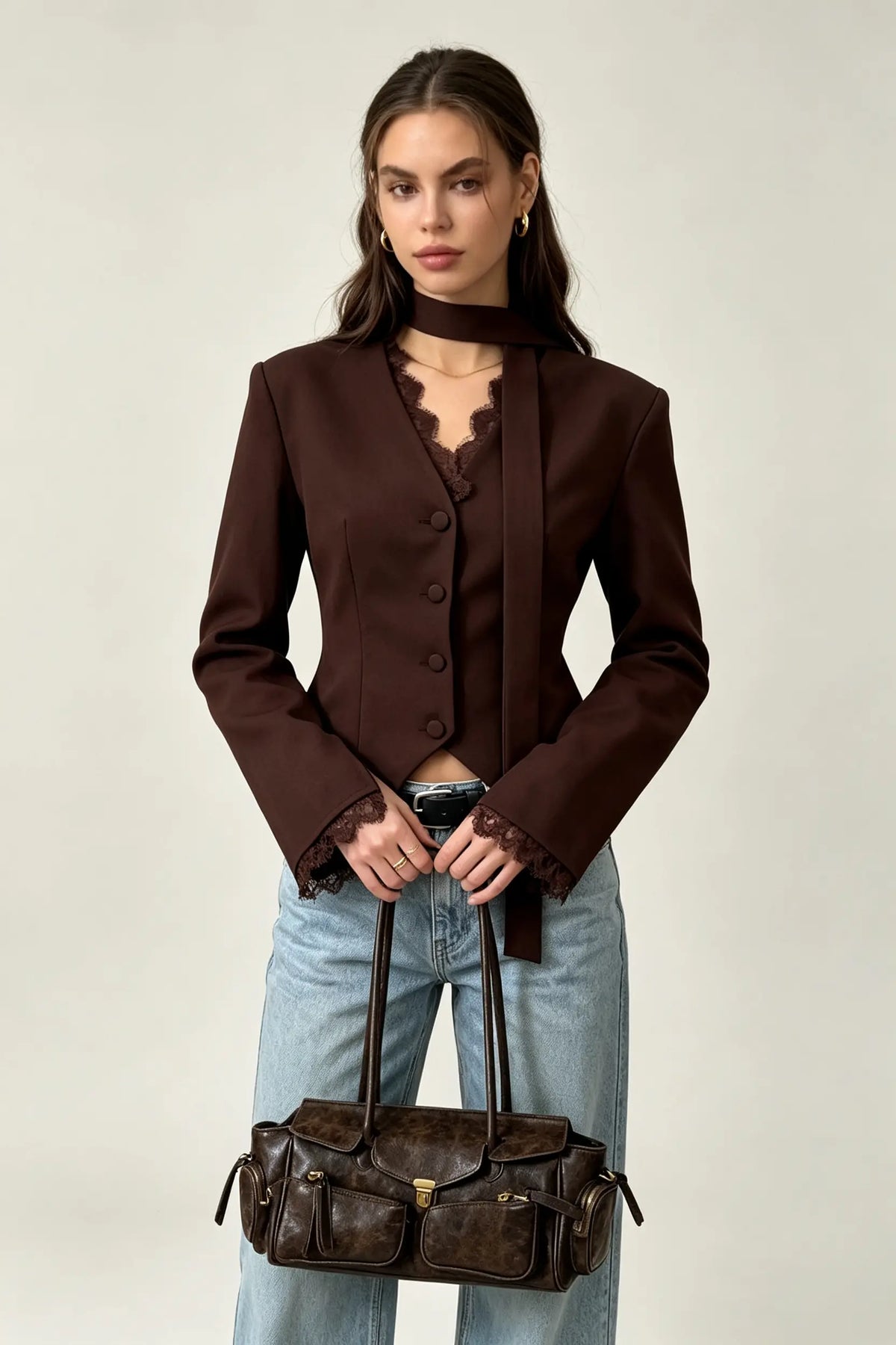 V-Neck Lace Trim Blazer with Scarf