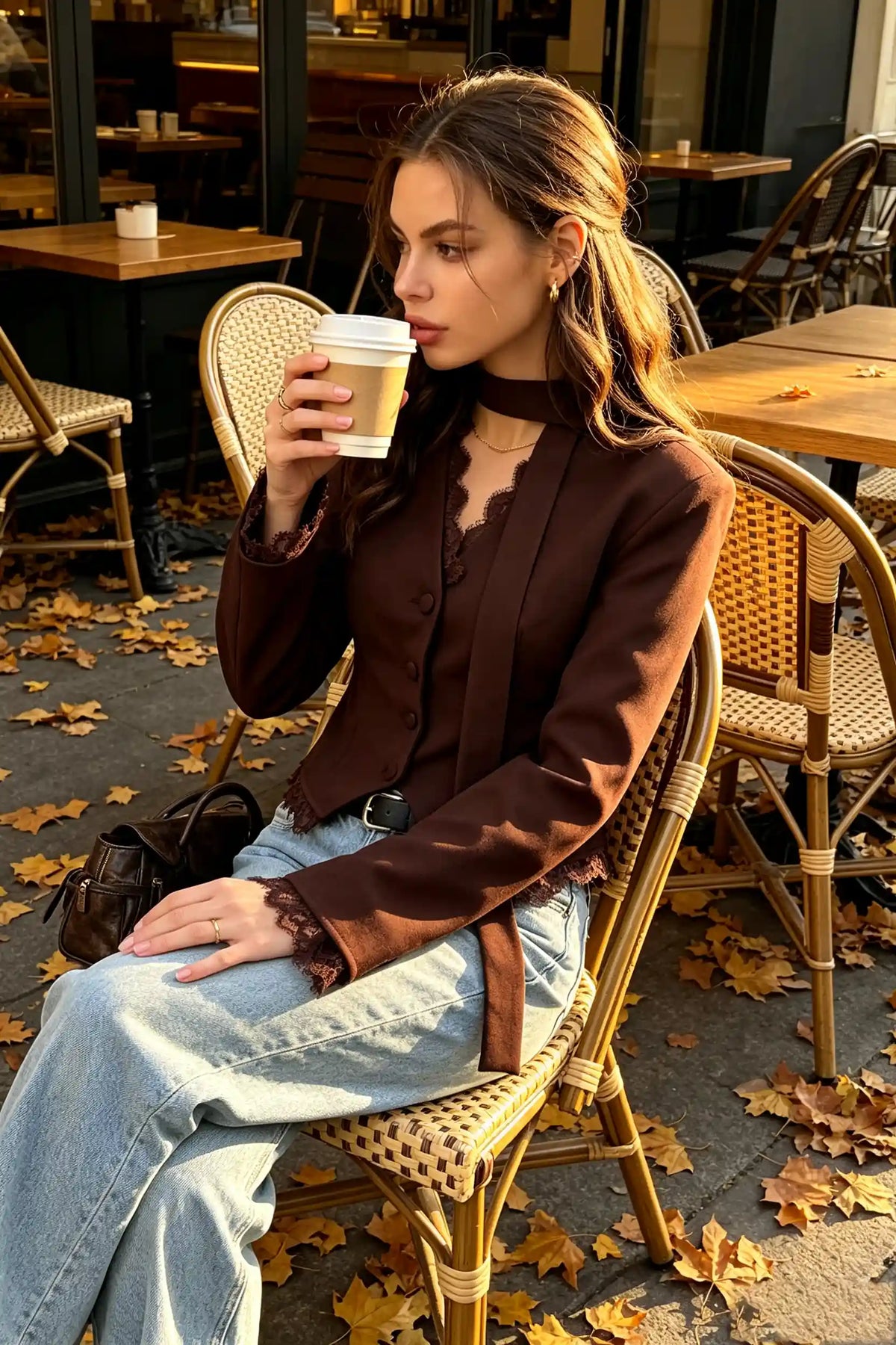 V-Neck Lace Trim Blazer with Scarf