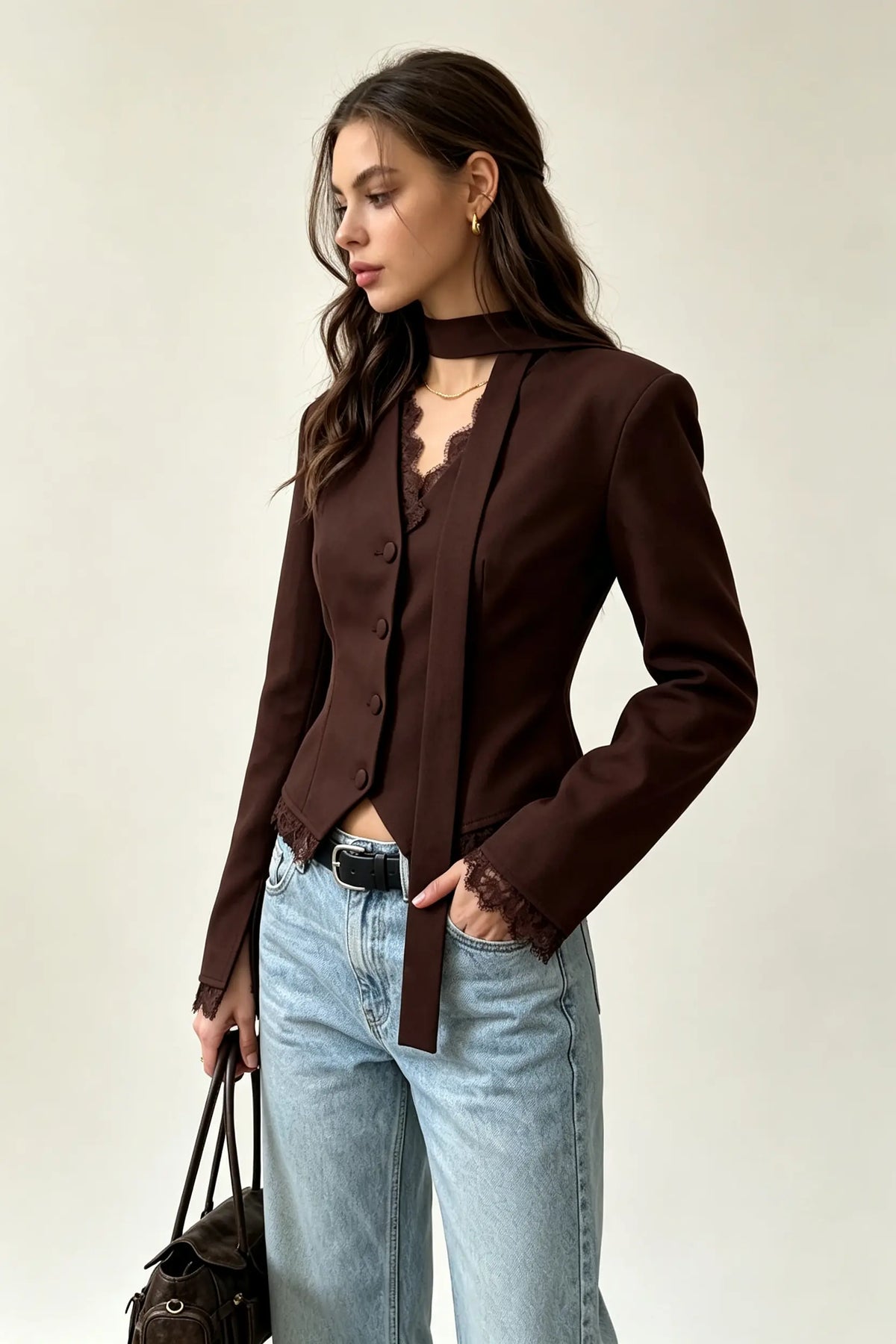 V-Neck Lace Trim Blazer with Scarf