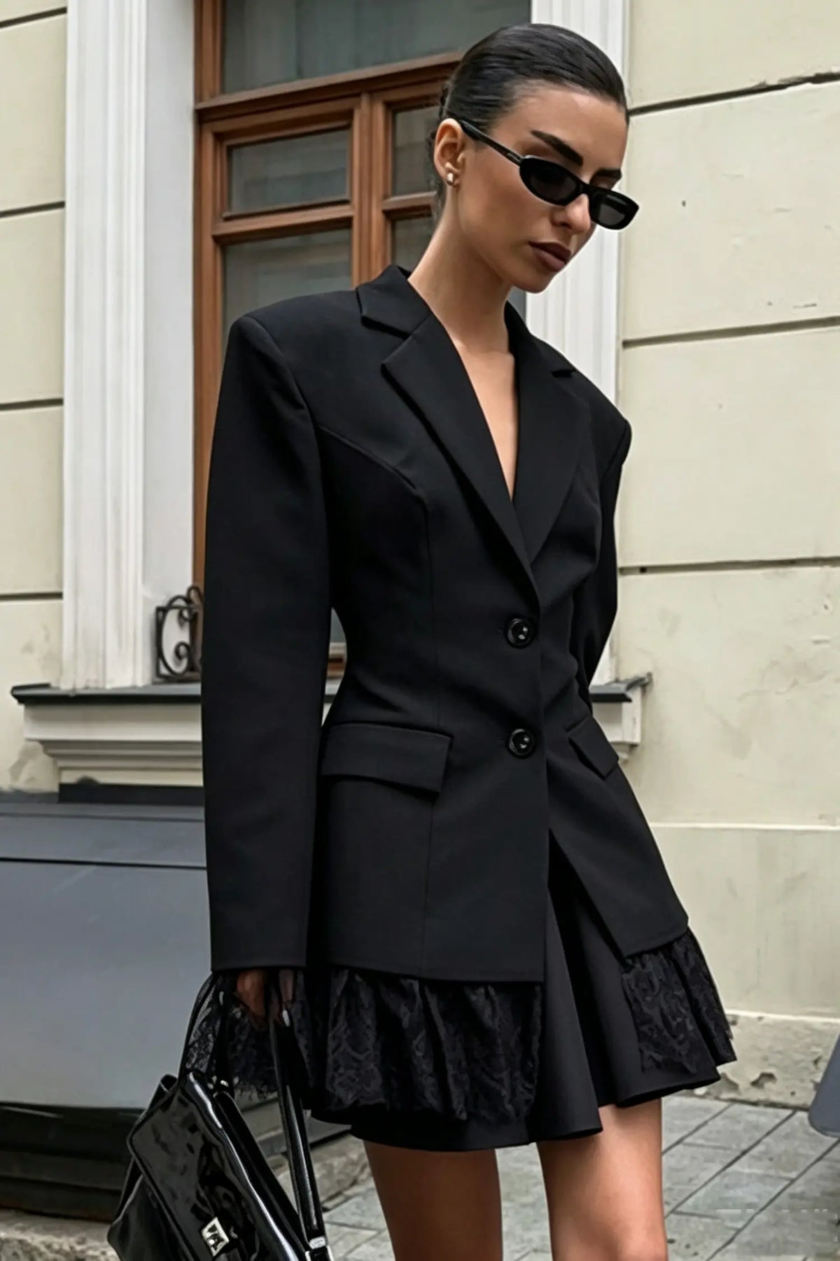 Elegant Loose Fit Blazer with Lace Hem