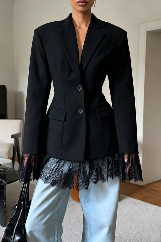Elegant Loose Fit Blazer with Lace Hem