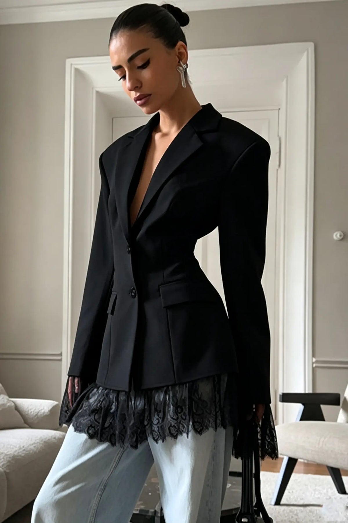 Elegant Loose Fit Blazer with Lace Hem